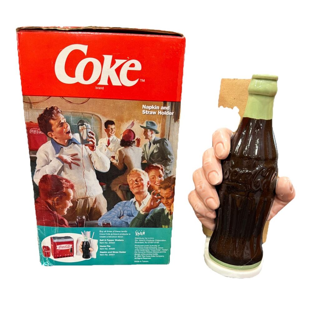 Vintage Coca Cola Ceramic Napkin and Straw Holder Bottle Hand 1994 NIB